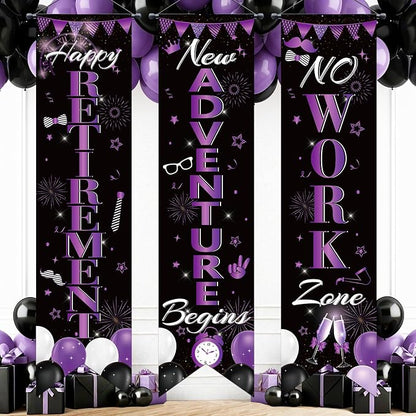 3Pcs Retirement Porch Sign Door Hanging Banner Black Purple Happy Retirement by TagreSpike