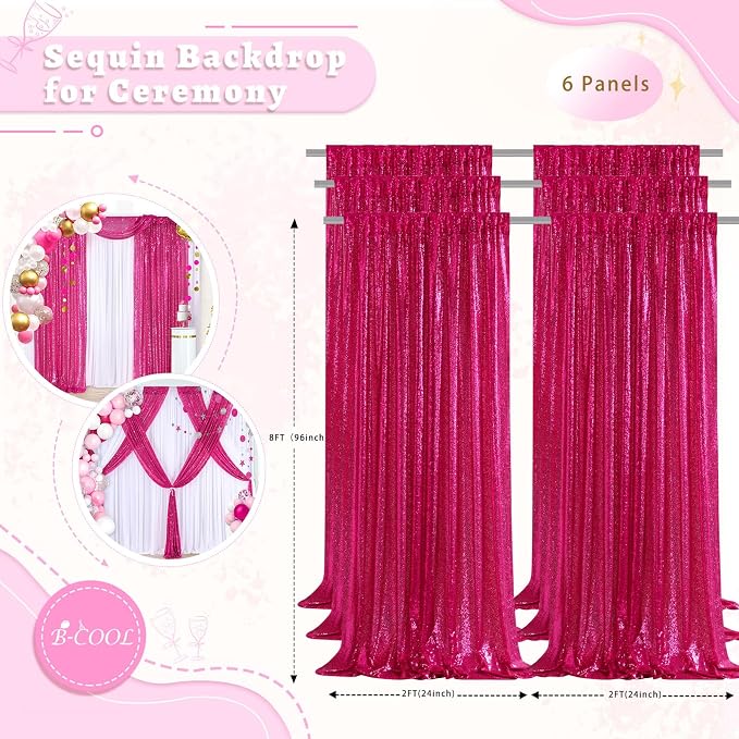 Fuchsia Sequin Curtains Backdrop 6 Pcs 2FTx8FT Shiny Shimmer Fabric | Glitter - Image 5