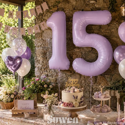 SUWEN 40 Inch Light Purple Lavender Big 15 Balloon Number Foil Helium 0-9 | - Image 3
