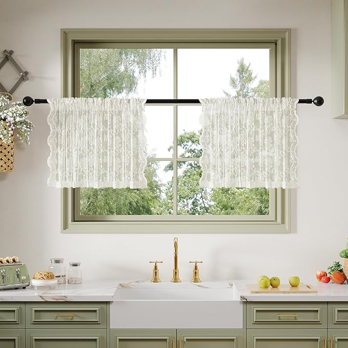 Anmao Vintage Lace Kitchen Curtains 18 Inches Long 2 Panels, Romantic Semi by Anmao