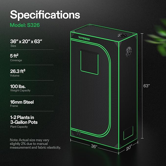 VIVOSUN S326 36"x20"x63" Grow Tent, High Reflective Mylar with Observation Window and Floor Tray for Hydroponics Indoor Plant for VS1000/VS2000