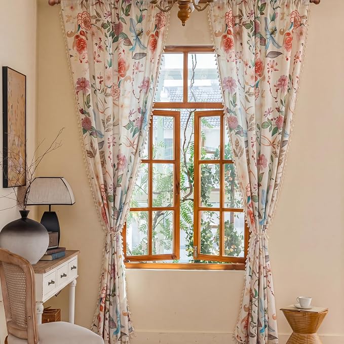 Floral Semi Sheer Rod Pocket Living Room 2 Panel Curtains 96 Inches Long | - Image 5