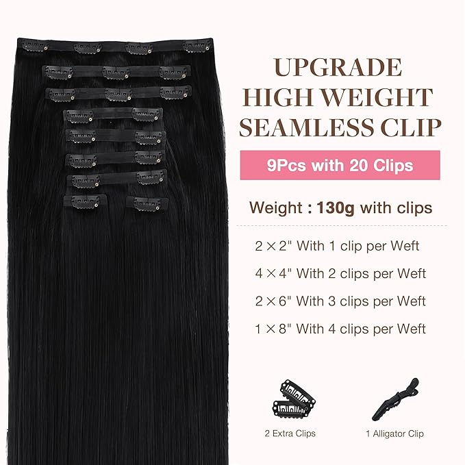 GOO GOO Clip in Hair Extensions Real Human Hair, Remy Human Hair Extensions Clip ins for Women, Natural Human Hair, 14inch 150g 9Pcs, #1 Jet Black