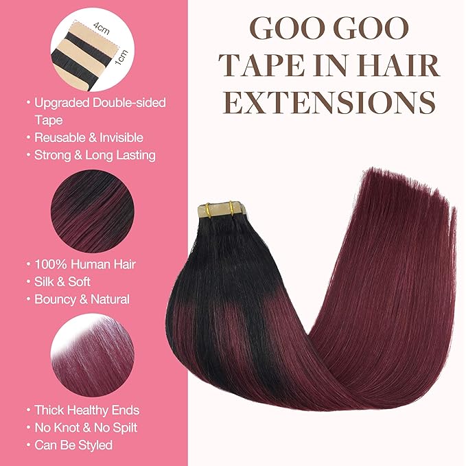 GOO GOO Tape in Hair Extensions Human Hair, 1/99 Balayage Jet Black to Red, 22inch 50g 20pcs, Thick Ends Straight Seamless Tape in, Invisible Tape in Hair Extensions Human Hair