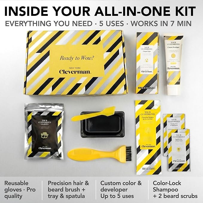 Cleverman Hair & Beard Dye Kit for Men, All-in-One Reusable Mens Hair Color, Natural Gray Coverage, Ammonia-Free Beard Mustache Dye for Men (Dark Blond)