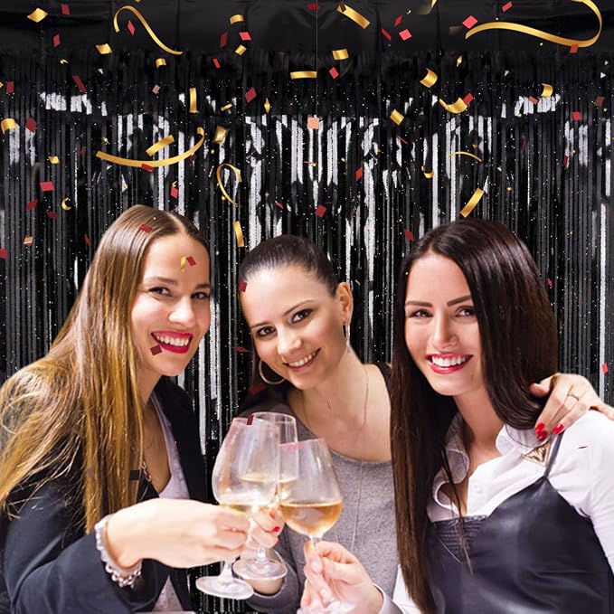 2 Pack 3.2ft x 8.2ft Black Tinsel Foil Fringe Curtain, Sparkle Metallic Foil - Image 2