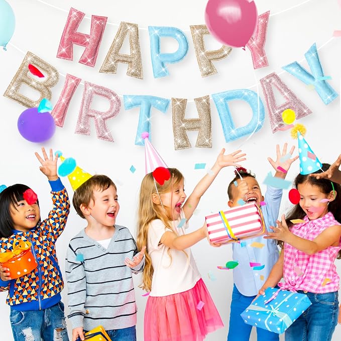 Tegeme Felt Happy Birthday Banner, Pre-strung Glitter Pastel Happy Birthday - Image 8