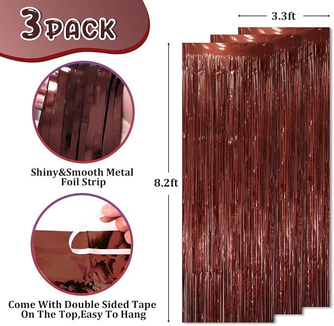 Voircoloria Brown Foil Fringe Backdrop Curtains, 3 Pack | Tinsel Streamers - Image 2