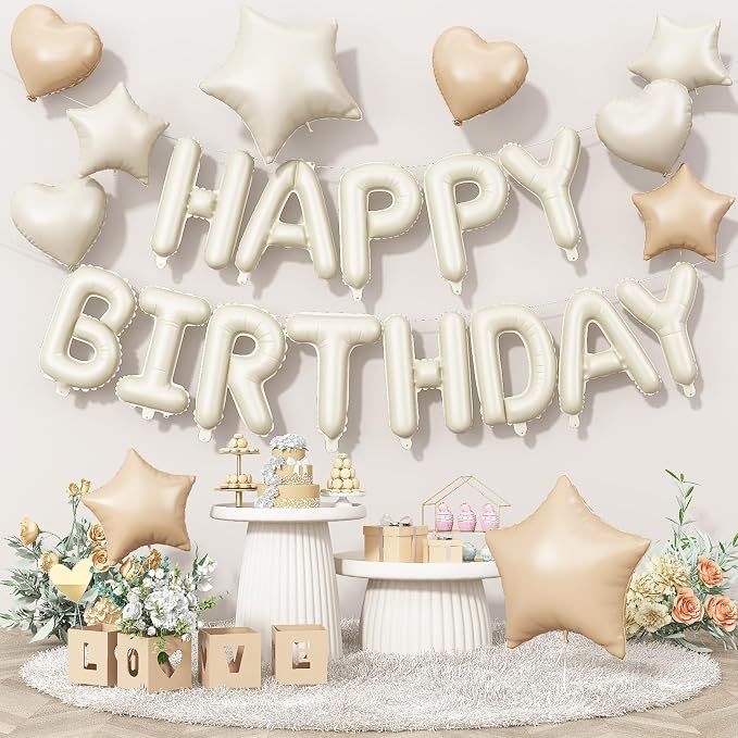 Happy Birthday Balloon Banner Cream, 16 Inch Beige Mylar Foil Letter Balloons by Togvu
