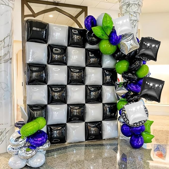 Black and Pearl White Double Sided Square Foil Balloons Wall, 19 Inches Chrome - Image 3