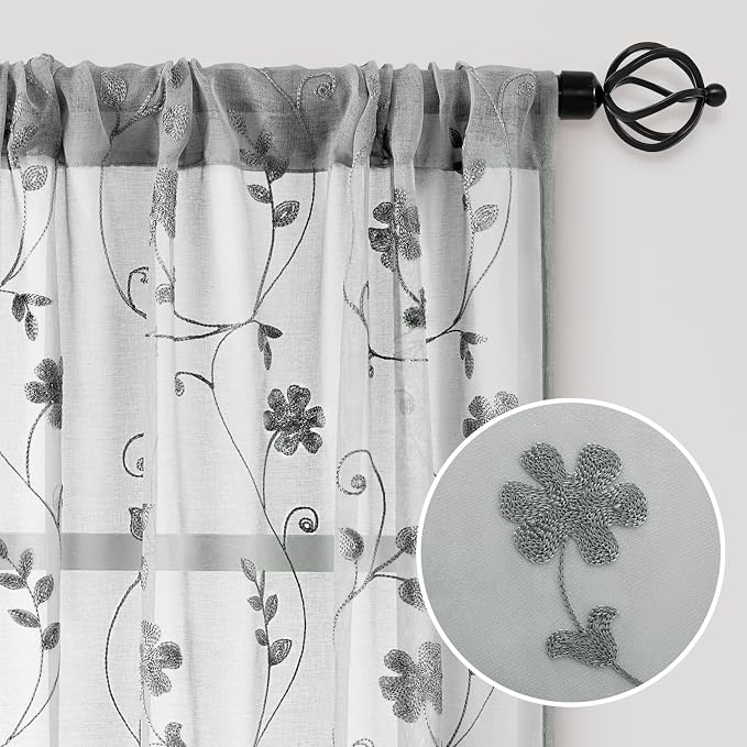 HOMEIDEAS Grey Sheer Curtains 84 Inches Long 2 Panels Embroidered Floral - Image 4