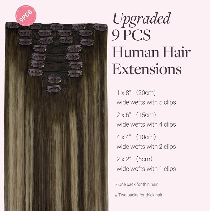 GOO GOO Clip in Hair Extensions Real Human Hair, Remy Human Hair Extensions Clip ins for Women, Natural Human Hair, 16inch 150g 9Pcs, 4/26/4 Balayage Chocolate Brown to Honey Blonde