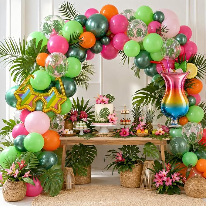 Tropical Balloons, 12 Inch Green Pink Orange Hot Pink Metallic Green Balloons - Image 6
