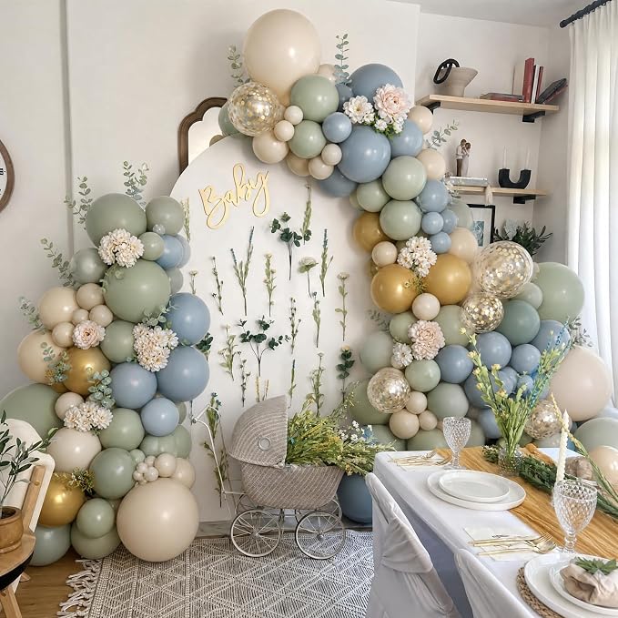 Mustard Yellow Dusty Blue Green Balloons Arch Kit - Image 3