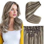 Ve Sunny Clip in Hair Extensions Straight Human Hair Clip in Extensions Remy Clip in Hair Extensions Real Human Hair Extensions for women Light Brown Highlights Platinum Blonde 7pcs 120g 14 inch