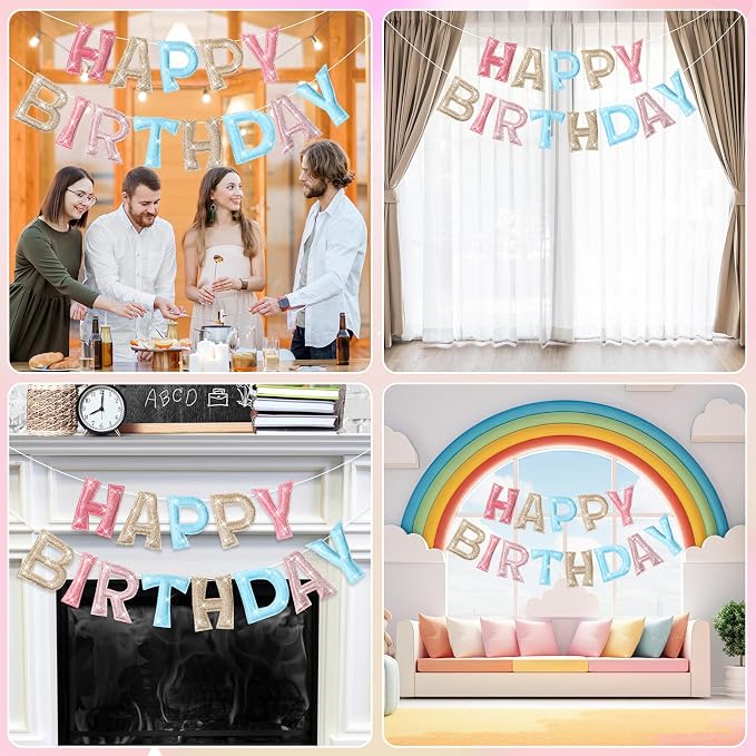 Tegeme Felt Happy Birthday Banner, Pre-strung Glitter Pastel Happy Birthday - Image 3