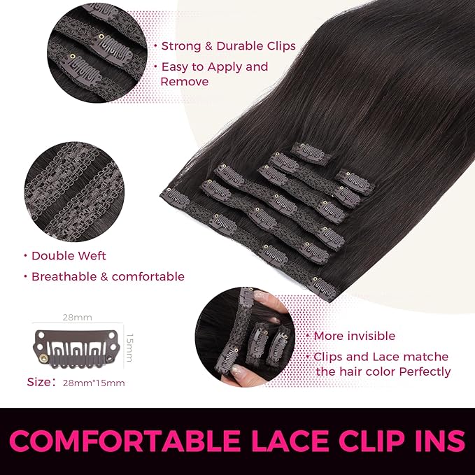 Lashey Straight Clip in Hair Extensions for Black Women 18 Inch 7pcs #2 Dark Brown Hair Extensions Real Human Hair Lace Clip Ins 120g Thick Human Hai