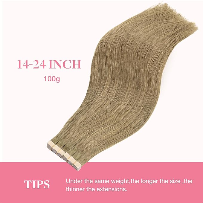 GOO GOO Tape in Hair Extensions Human Hair, 7 Bronde, 14inch 100g 40pcs, Skin Weft Seamless Invisible, Silky Straight with Thick Ends, Remy Human Hair