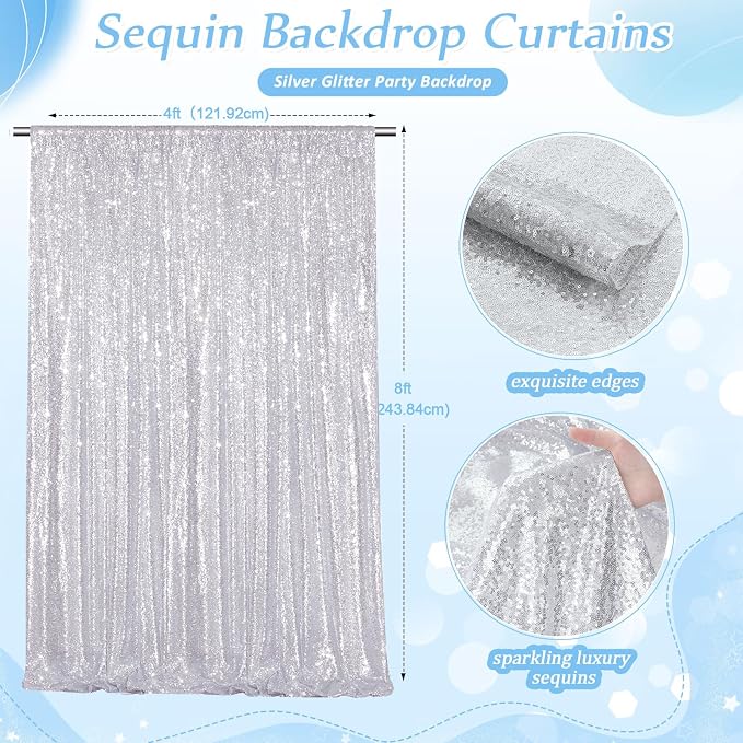 Silver Sequin Backdrop Curtains-2 Panels 4FTx8FT Silver Backdrop - Image 3