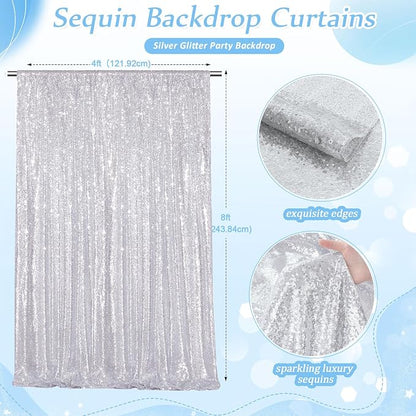 Silver Sequin Backdrop Curtains-2 Panels 4FTx8FT Silver Backdrop - Image 3