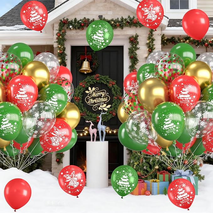 Christmas Balloons, 12 Inch Red Green and Gold Christmas Tree Bell Printed - Image 6