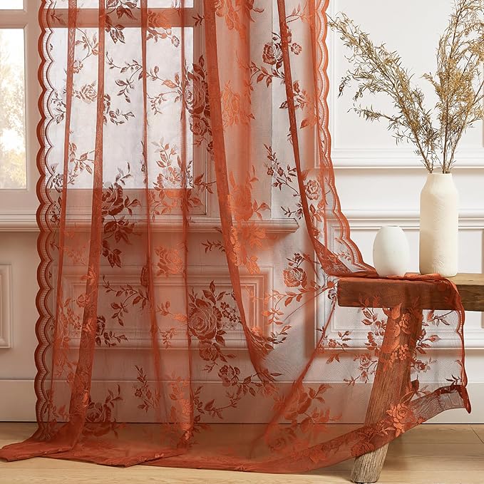 Terracotta Lace Curtains 84 Inches Long Country Rustic Floral Sheer Curtains - Image 6