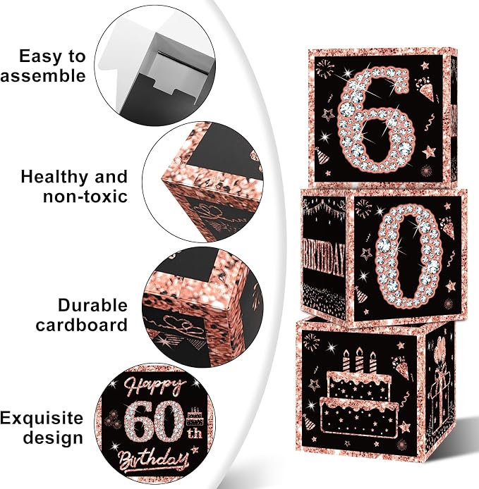 Eiurteao 3pcs Rose Gold 60th Birthday Decorations Boxes - Image 5
