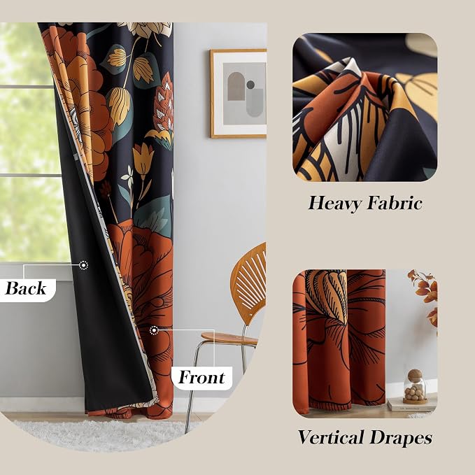 Tyrot Black Boho Floral Blackout Curtains - Image 6