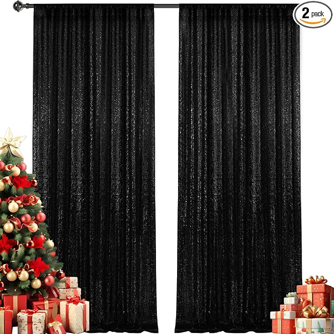 2×8FT-2PCS Black Sequin Backdrop Curtains Panels, Photography Backdrop Glitter by Pufogu
