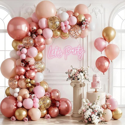Rose Gold Pink Balloon Garland Kit, Nude White Gold Confetti | Pastel Pink Gold by Zesliwy