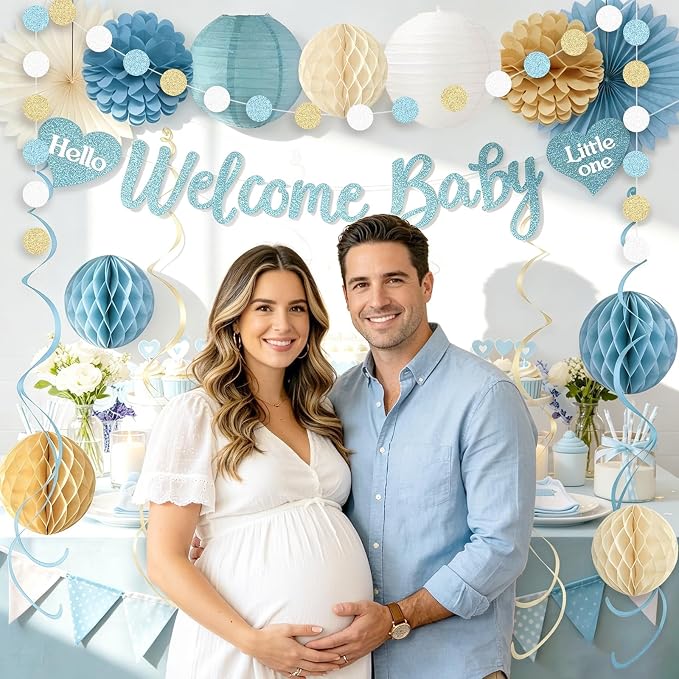 Dusty Blue Baby Shower Decorations Boy, Pre-Strung, Honeycomb Balls, Paper - Image 2