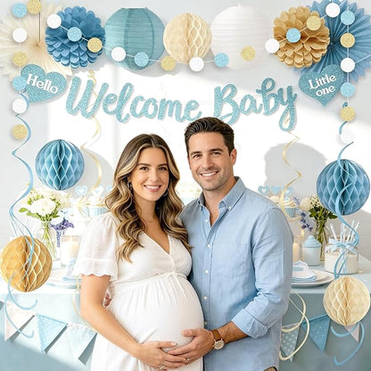 Dusty Blue Baby Shower Decorations Boy, Pre-Strung, Honeycomb Balls, Paper - Image 2