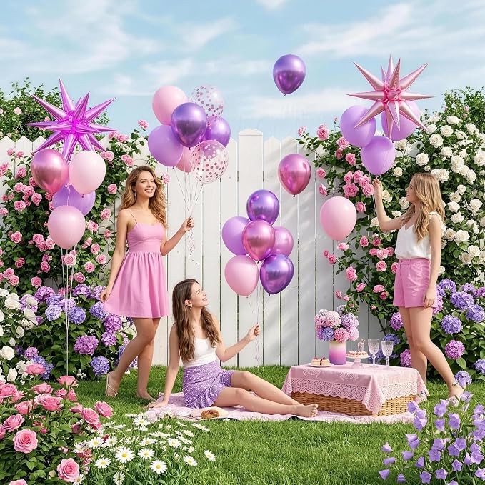 Pink and Purple Balloons, 12 Inch Pastel Pink Metallic Purple Latex Balloons - Image 7