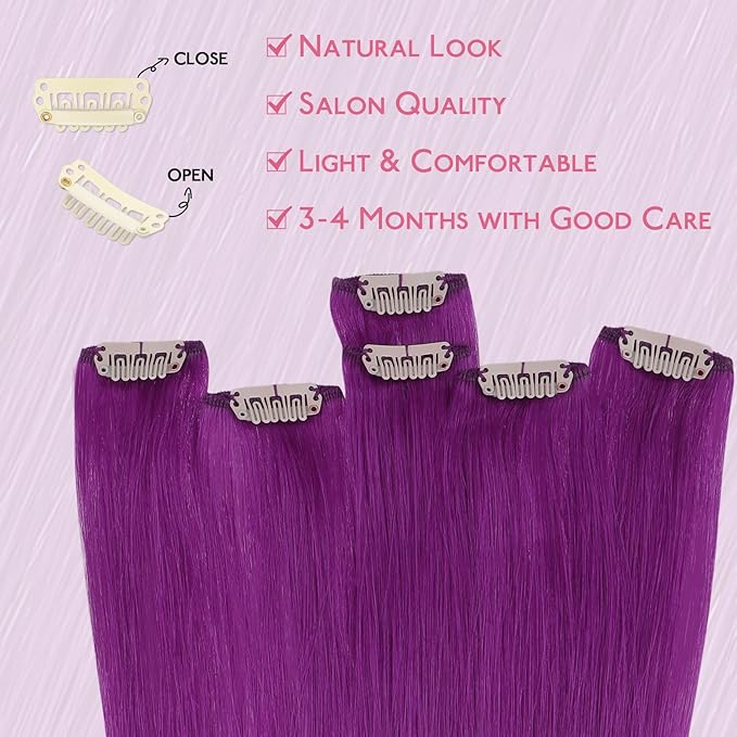 WENNALIFE Purple Clip in Hair Extensions Real Human Hair 35g 6pcs 24 Inch Colored Hair Extensions for Kids Women Colorful Hair Pieces Pop-up Style Straight Extensiones De Cabello Humano Con Clip