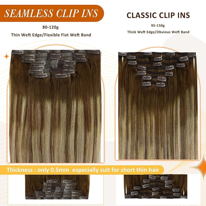 Full Shine Clip in Human Hair Extensions Balayage Clip in Hair Extensions Medium Brown to Honey Blonde and Light Brown Real Hair for Women 14 Inch 8 PCS 120 G