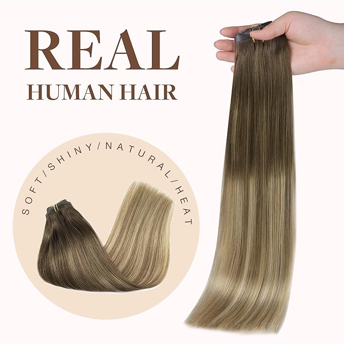 GOO GOO Clip in Hair Extensions Real Human Hair, Remy Human Hair Extensions Clip ins for Women, Natural Human Hair, 18inch 130g 7Pcs, 3/8/613 Balayage Walnut Brown to Ash Brown and Bleach Blonde