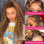 26 Inch Highlight Deep Wave Wig Human Hair Honey Blonde 13x6 HD Ombre Lace Front Wigs Human Hair Pre Plucked 200% Density Curly Lace Frontal Wigs For Women