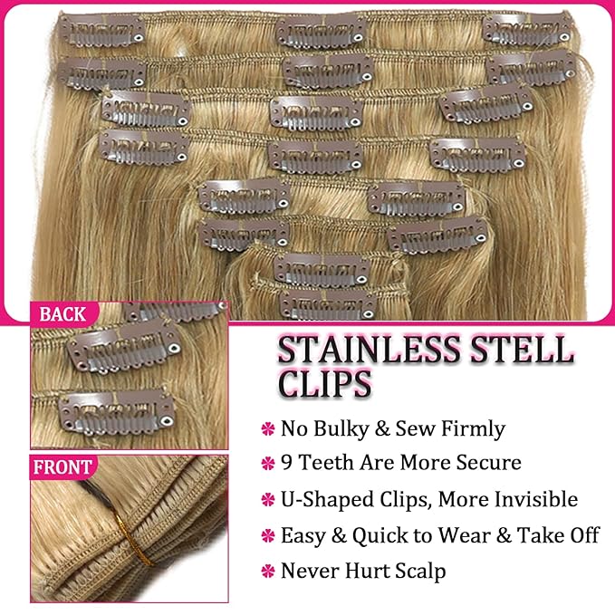 Clip in Hair Extensions Real Human Hair Blonde Kinky Clip in Extensions 8pcs 110g Double Weft Hair Extensions Straight Human Hair Thick End Extensions Human Hair (16inch #613）