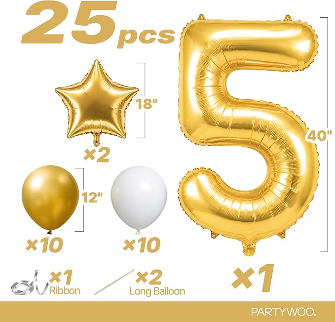 PartyWoo Number Balloons 40 Inch Gold Number 5 Kit 25pcs - Image 2