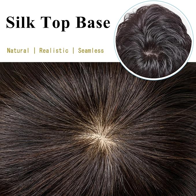 Short Human Hair Topper for Women with Hairloss,Invisible Clip in Short Curly Topper Hairpiece with Large Mesh 6.3x7 Ins and Silk Top Base Natural Fluffy Wiglet Hairpiece Dark Brown