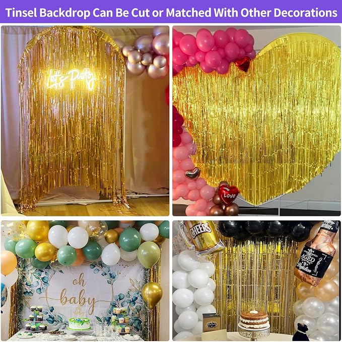JINSUI Gold Fringe Backdrop 3.3x8.2ft, 2 Pack Foil Tinsel Curtains Decor | - Image 6