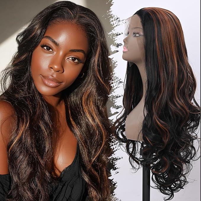 Long Brown with Highlight Synthetic Lace Front Wig Heat Resistant Body Wave Lace Front Wavy Wigs Free Part Natural Hair Wig for Women 24 Inch Fashion Glueless (24 Inch)