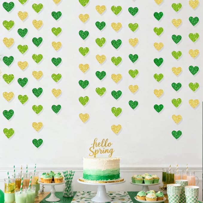 Gold and Green Heart Party Decorations Glitter Paper Love Heart Hanging Banner - Image 5