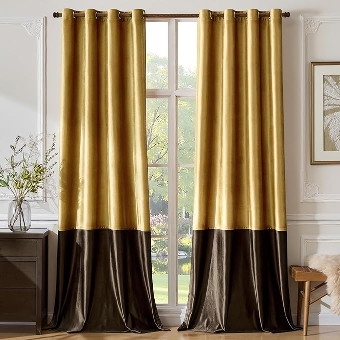 Gold Brown Velvet Blackout Curtains Luxury Decor 84 inches, Color Block | by ModernShinyVelvetCurtains
