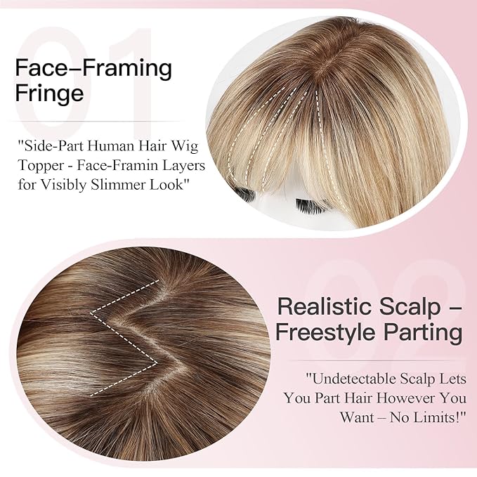 EMMOR 12 Inch Human Hair Topper for Women - Real Hair Topper with Bangs & 6.5" × 6.5" Larger Base, Natural Thin Hair Solution for Women(Ombre Blonde & Brown Highlight)