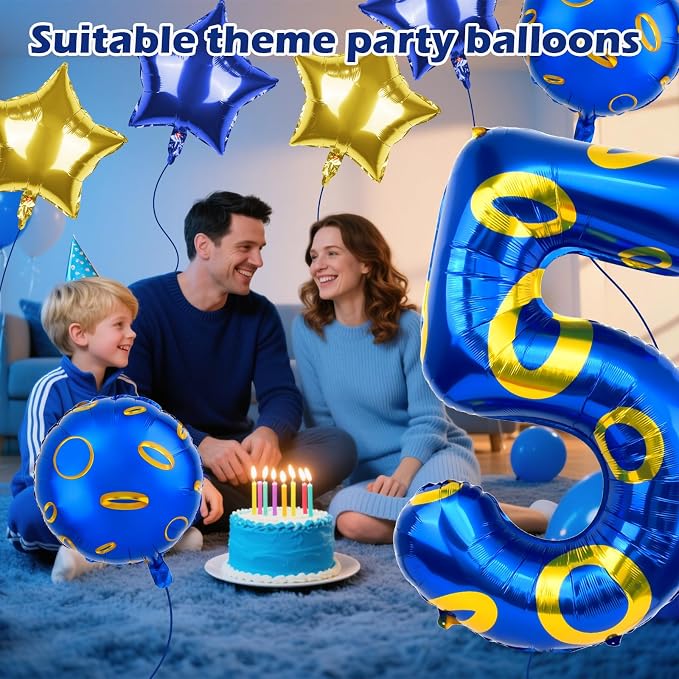 40 Inch Blue and Golden Ring Themed Number Balloon, Number Block Foil Number 5 - Image 3