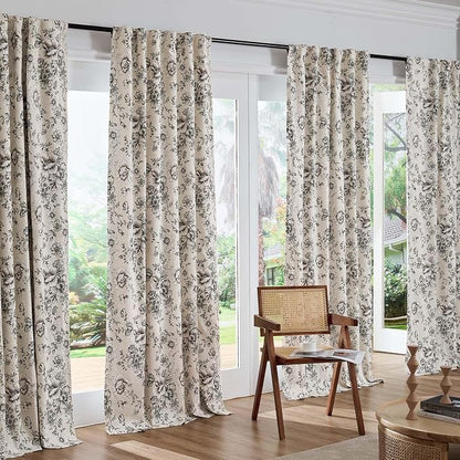 jinchan Black Floral Linen Blackout Curtains 96 Inch Back Tab 2 Panels | - Image 7