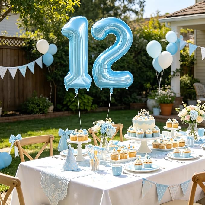 Pastel Blue 12 Balloon Number, Light Blue 12 Balloons - Image 3