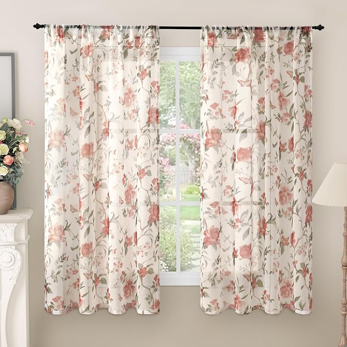 Floral Sheer Curtains for Bedroom Window 63 Inch Length 2 Panels, Farmhouse by Lajode