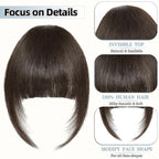 Clip In Bangs for Women, Dark Brown French Bangs Hair Clip with Temples, 100% Real Human Hair Layered Curved Fringe for Halloween and Daily Use(Dark Brown, French Bangs)